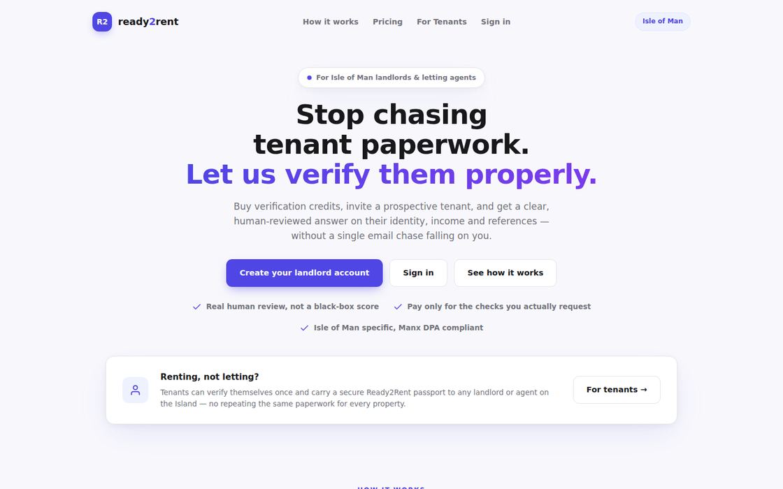 The Ready2Rent home page, live